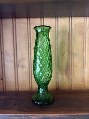 Vintage E.O. Brody Co. Emerald Green Glass Diamond Pattern Bud Vase